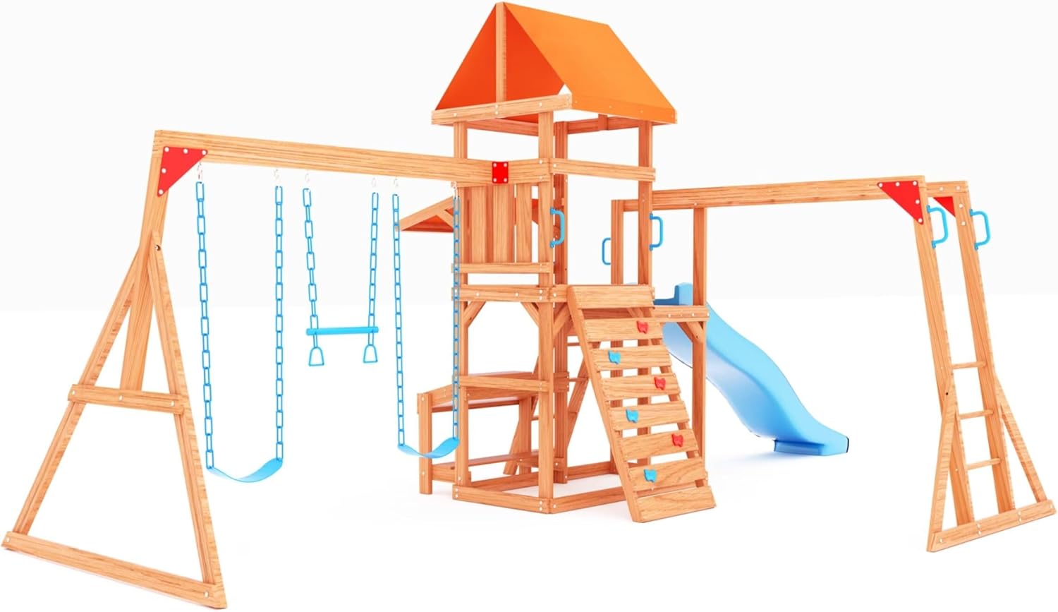 Dolphin Playground Swing Sets for Backyard with Monkey bar, Wooden Playground Sets for Backyards with 8FT Wave Slide, Multi-Functional Shelf