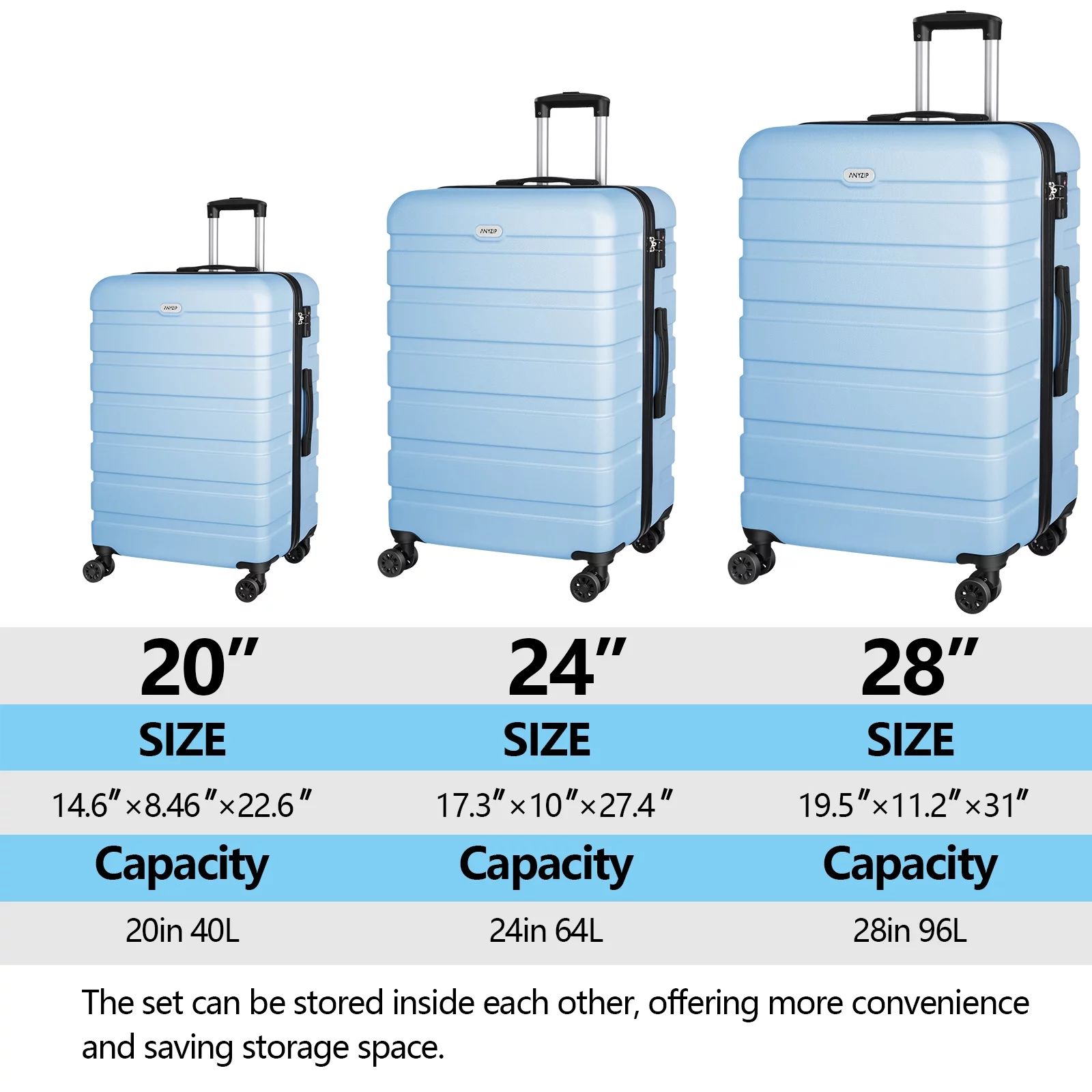 AMZFUN 3PCS Luggage Sets,PC+ABS Hardside Lightweight Suitcase with Silent Universal Wheels, TSA Lock Carry On Luggage 20/24/28 Inch LightBlue