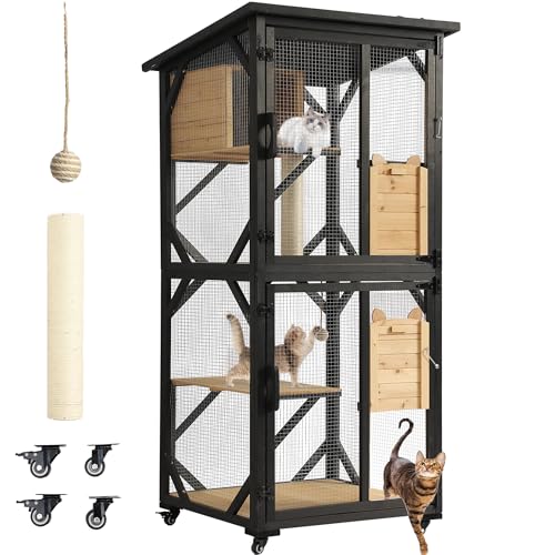 MAGIC UNION 71" Catio Outdoor Cat Enclosure Window Access, 4 Tiers Cats Playpen Catio with Wheels, Resting Box & Waterproof Roof