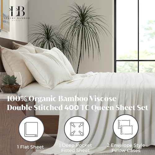 Luxury Bamboo Market | Queen Size Bed Sheet Set | 100% Viscose Made from Bamboo | Organically Grown | Ultra Soft | Cooling Sheets for Hot Sleepers |