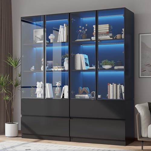 Glass Display Cabinet, Display Case Cabinet with LED Lights, Display Cabinet with Glass Door, Curio Cabinet with 3-Tier Shelves and 2 Drawers