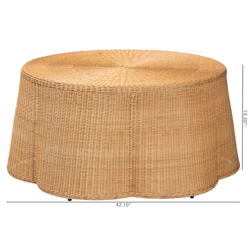 bali & pari Palm Scalloped Rattan Coffee Table - Handwoven Wicker Round Accent Table for Living Room Patio or Sunroom, Coastal Boho Style, White