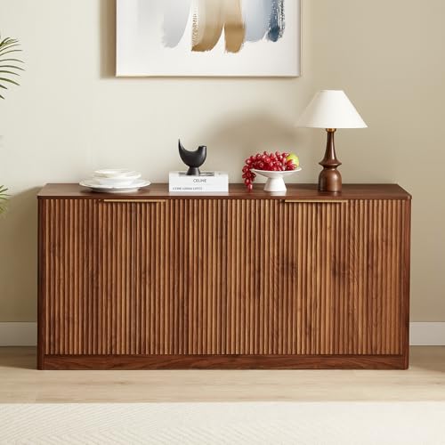 67" Fluted Oak Buffet Cabinet Sideboard with Storage, Large Credenza with 6 Doors