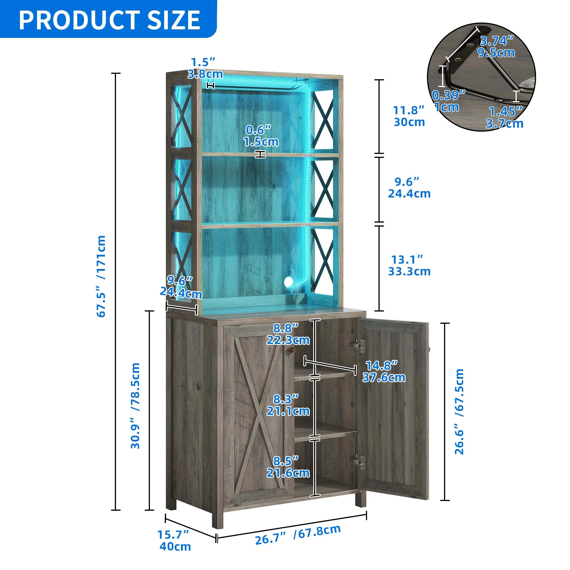Dextrus Farmhouse Bar Cabinet for Liquor and Glasses, 67"Freestanding Bar Cabinet with Led Light, Doors and Shelves, Kitchen Microwave Storage