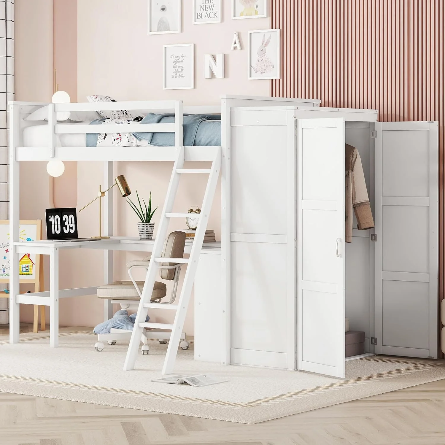 Lof Bed Wih Wardrobe Ad Desk, Wood Size Lof Bed Wih Desk Udereah Ad Sorage Shelves, Lof Bed Wih Close For Kids Boys Girls ees,Whie