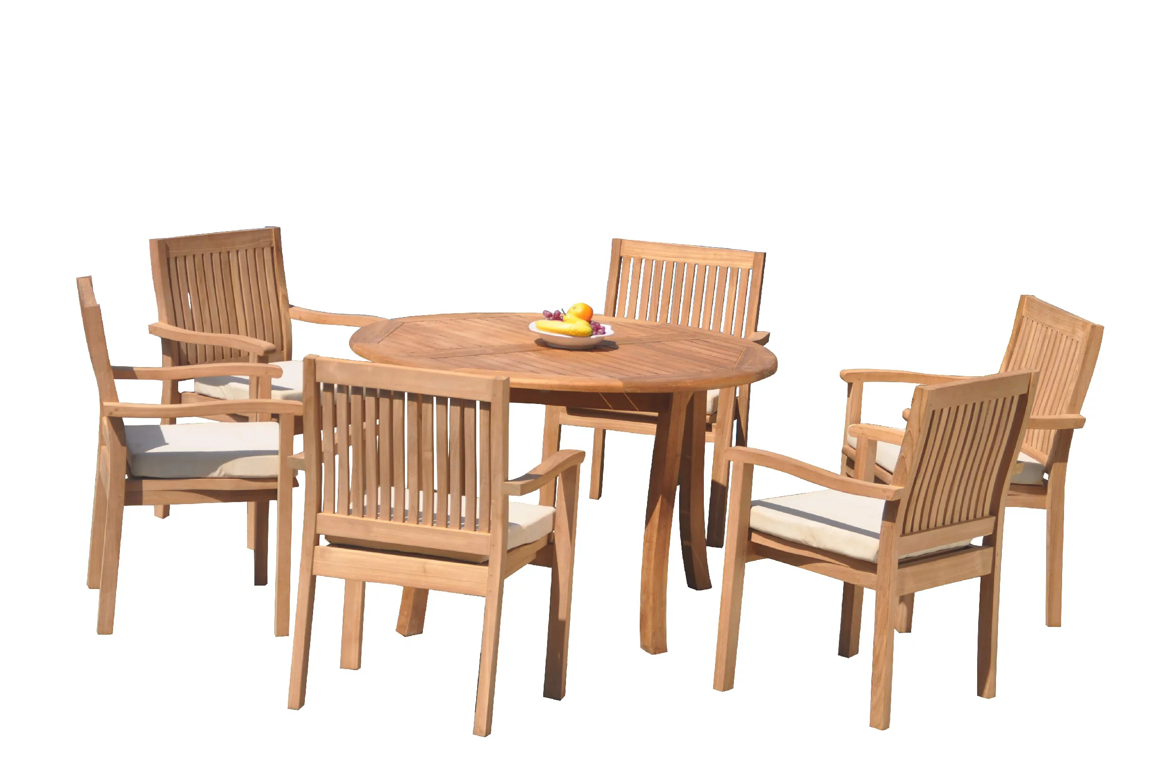 Grade-A Teak Dining Set: 6 Seater 7 Pc: 48" Round Table And 6 Leveb Stacking Arm Chairs Outdoor Patio WholesaleTeak #51LV1007