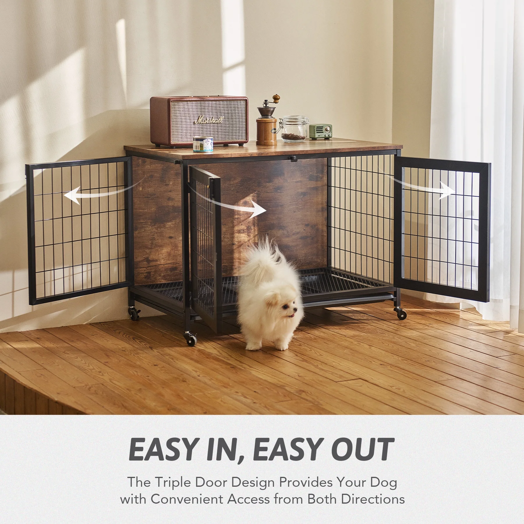 CO-Z Wooden Dog Crate End Table Triple Door Kennel with Wheels for Large Medium Dogs