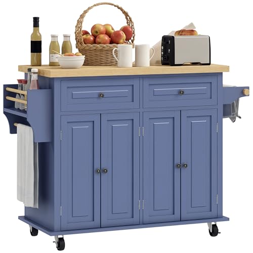 HOMCOM Kitchen Island on Wheels, Rolling Cart with Rubberwood Top, Spice Rack, Towel Rack and Drawers for Dining Room, Navy Blue