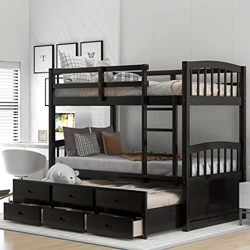 Harper & Bright Designs Twin Over Twin Bunk Bed with Storage Drawers, Solid Wood Bunk Bed Frame with Trundle, for Kids, Teens, Adults (White)