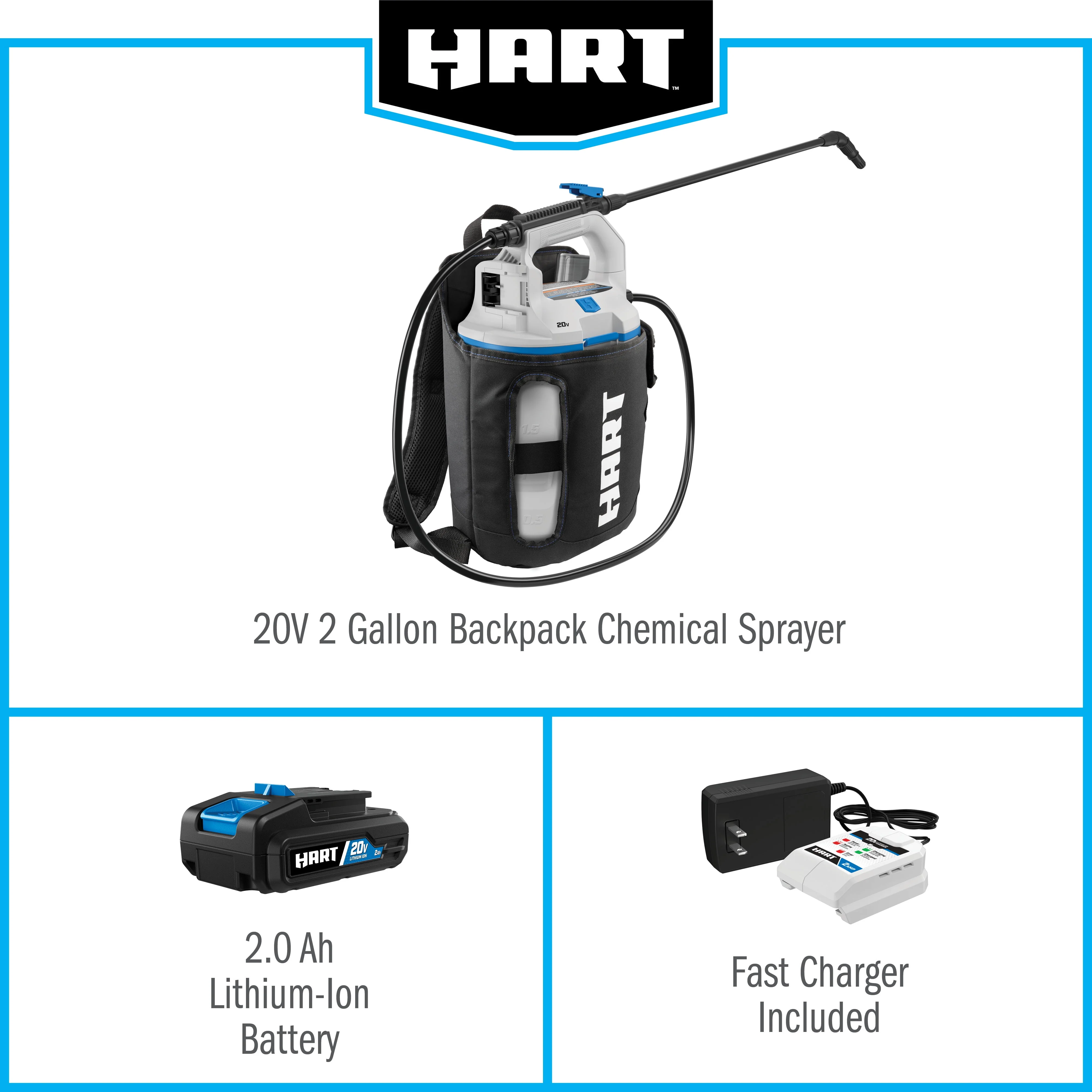 HART 20-Volt 2 Gallon Cordless Backpack Chemical Sprayer Kit, (1) 2.0Ah Lithium-Ion Battery