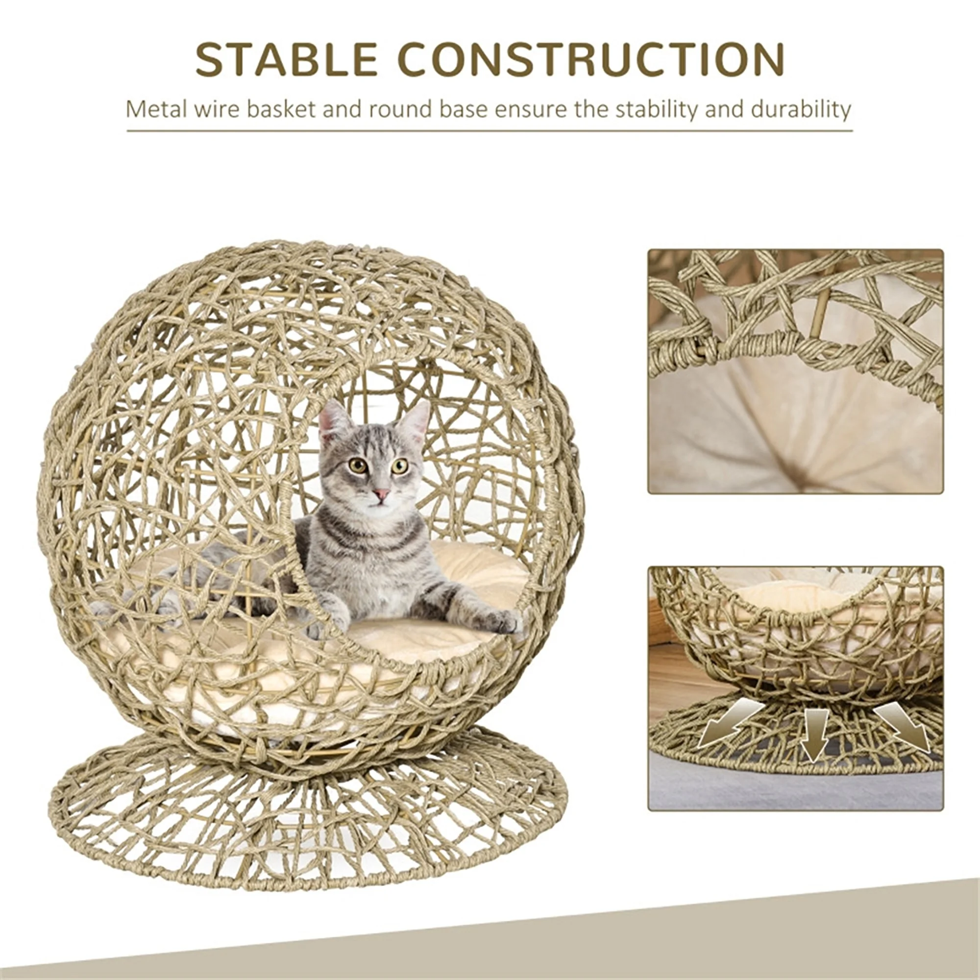 Glavbiku Rattan Elevated Cat Bed Kitty Condo with Soft Cushion,Wicker and Round Base, Brown