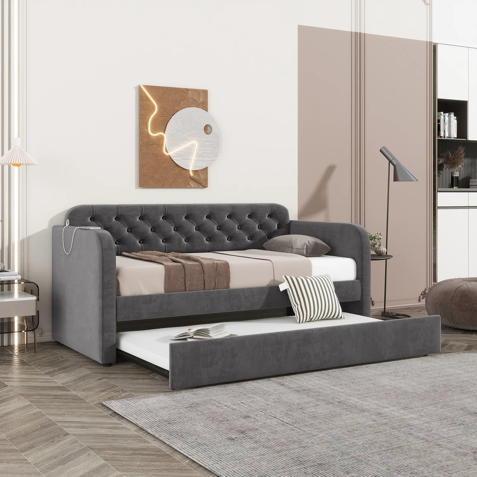 WII UWILL Twin Size Velvet Upholstered Daybed with Trundle,USB-C and Type-C