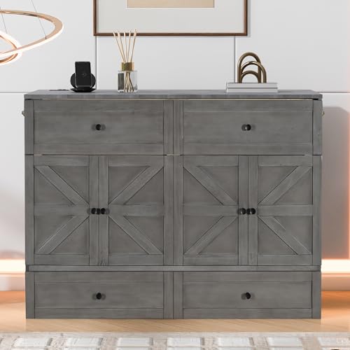Harper & Bright Designs Full Size Murphy Bed Cabinet Wall Bed Chest with USB