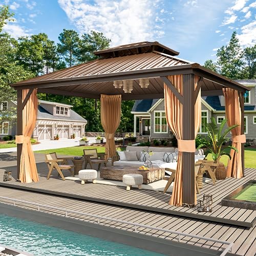 MELLCOM 10'x13' Hardtop Gazebo with Polycarbonate Double Roof, Aluminum Frame Outdoor Gazebo Permanent Pavilion with Curtains and Netting for Patio