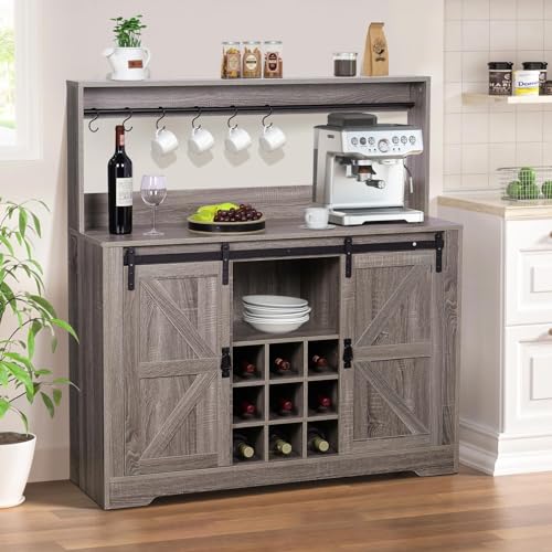 Coffee Bar Cabinet with Storage,47" Farmhouse Kitchen Buffet Sideboard with Sliding Barn Door and Adjustable Shelves,Liquor Cabinet Bar for Home