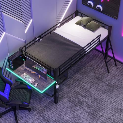 Gaming Bed with Desk,Wardrobe,Ample Storage Space,and RGB LED Light, Full Size Wood Loft Bed for Kids Bedroom (Cloud Blue/K)