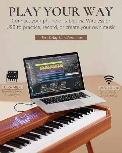 AKLOT Touchscreen Weighted Keyboard Piano: 88-Key Graded Hammer Action Digital Piano, Handcrafted Round-Edged Design, Triple Pedal, Stand, USB-MIDI