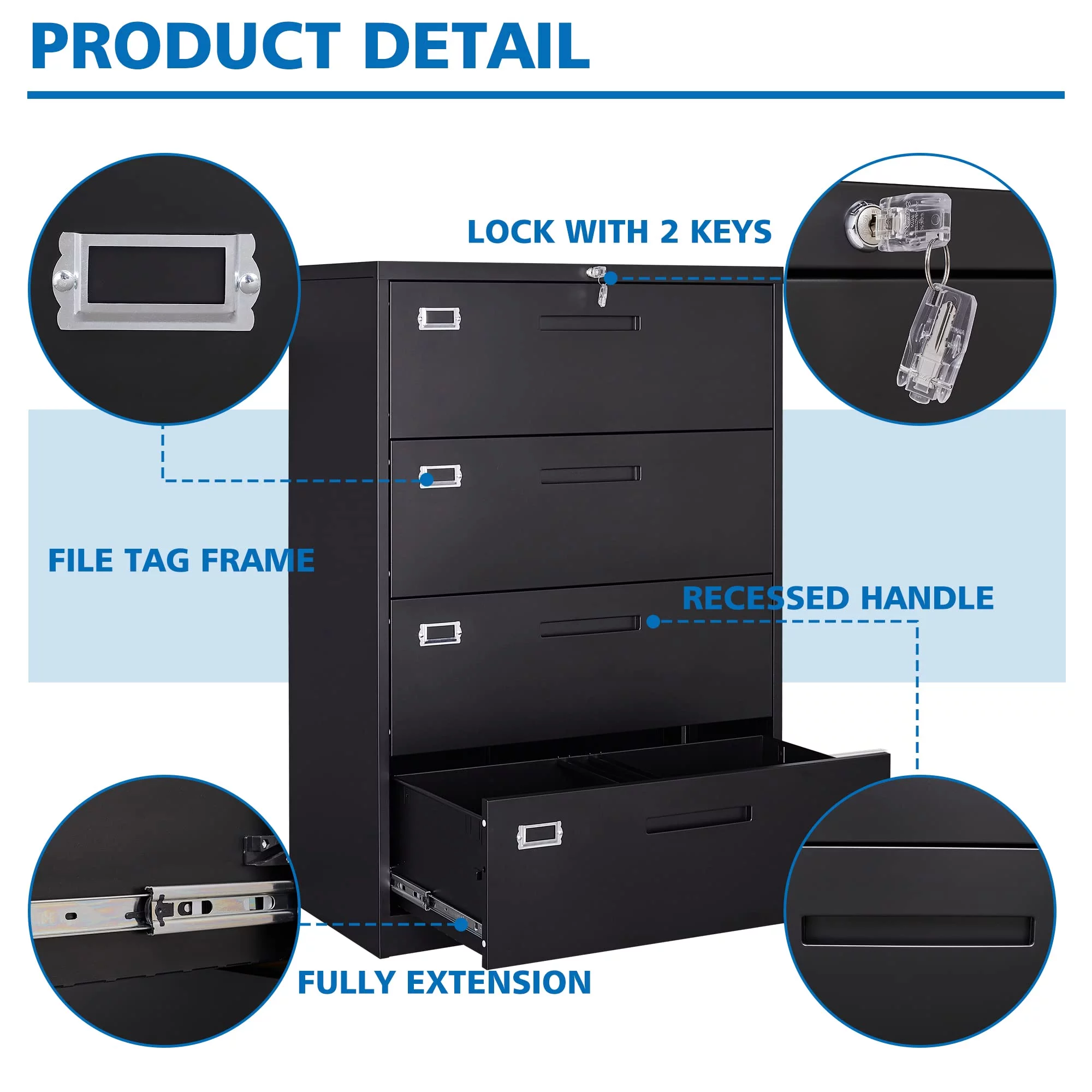 STANI 4 Drawer File Cabinet with Lock Metal Lateral File Storage Cabinet Office Home Steel Lateral File Cabinet for A4 Legal/Letter Size Wide File