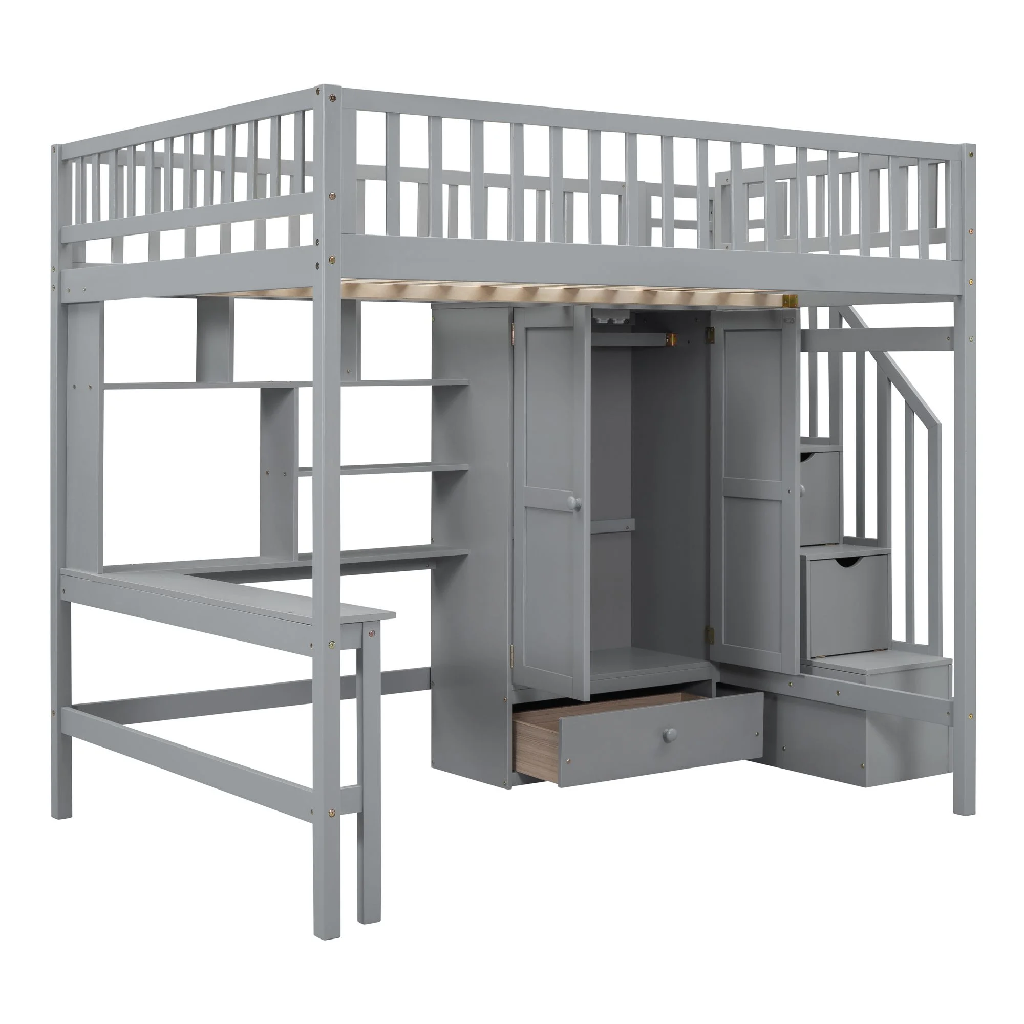 Full size Multifunctional High Loft Bed with Under-bed Desk, Shelves and Wardrobe, Sturdy Wooden Loftbed Frame with Bookshelf