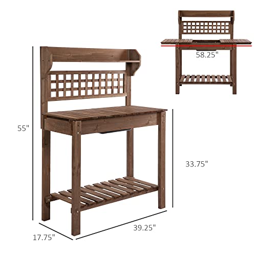 Outsunny Outdoor Potting Bench Table, Wooden Workstation with Sliding Tabletop, Storage Shelf and Dry Sink, for Greenhouse, Garden, Patio, Brown