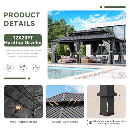 Aoxun 10' X 12' Hardtop Gazebo, Aluminum Outdoor Gazebo with Galvanized Steel Double Top Canopy