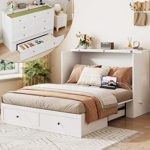 Queen Murphy Bed with Storage & Charging Station, Murphy Cabinet with Foldable Panel, Noisy Free, for Guest Bedroom, Living Room, Office