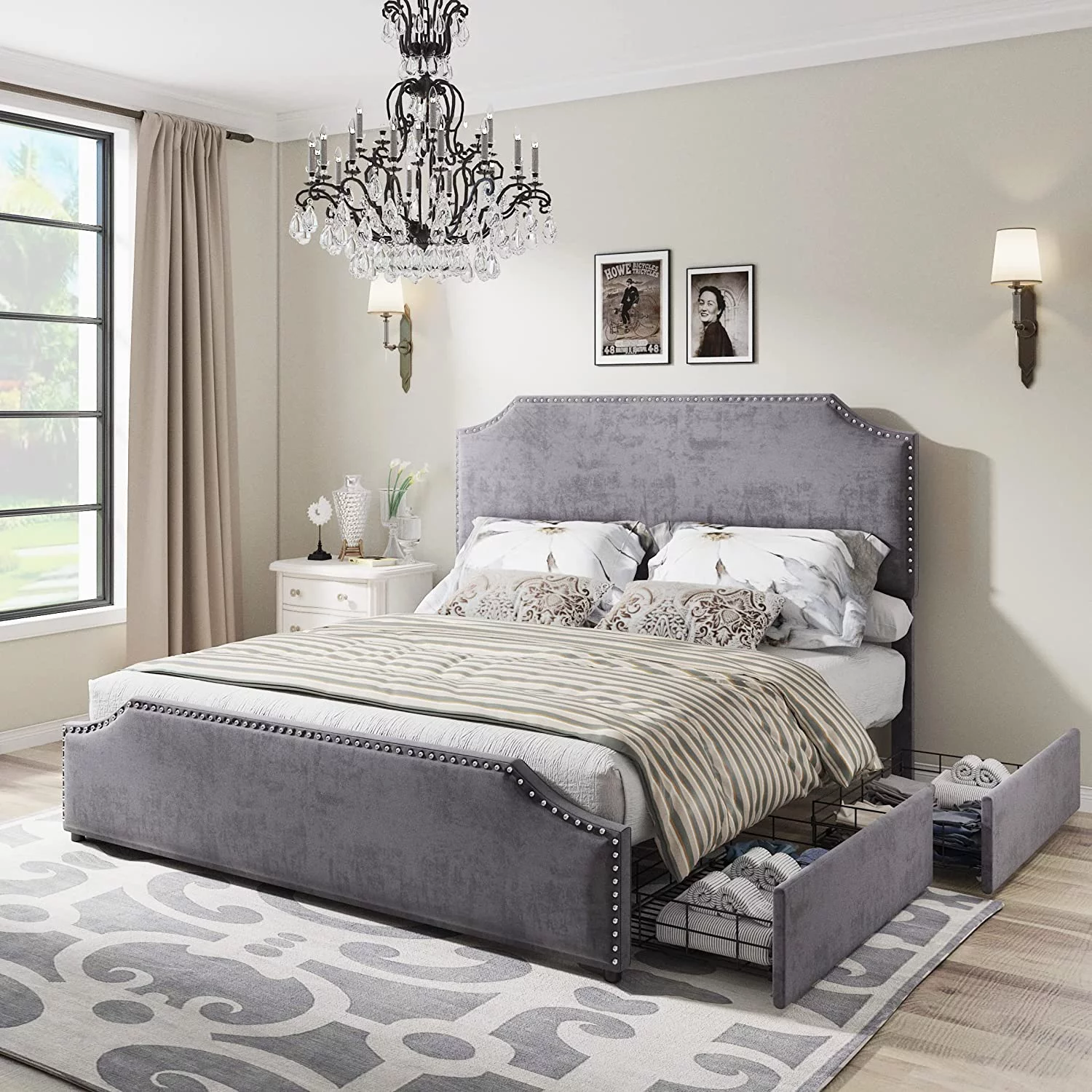AMERLIFE King Size Bed Frame with 4 Storage Drawers and Headboard