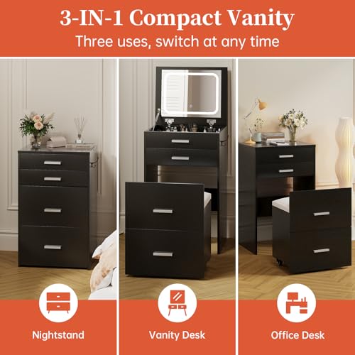 Compact Vanity with 3 Drawers, 3 in 1 Vanity Desk, Makeup Desk with Flip-up 3 Colors Lighting Mirror and Cushioned Stool