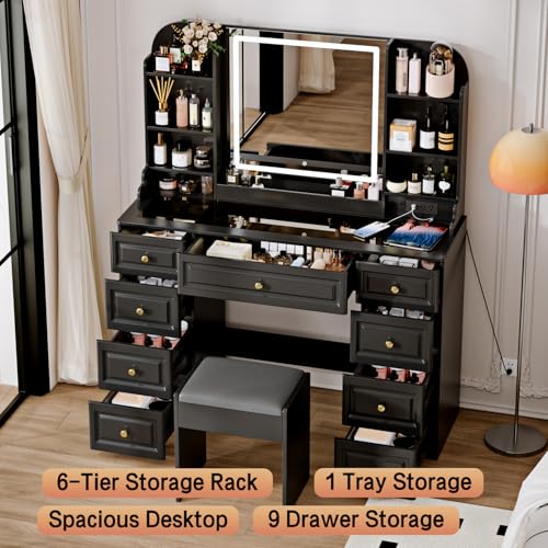 43" Makeup Vanity Desk with Mirror and Lights, & Power Outl, Glass Top Big Vanity Table with 9 Drawers& 8 Storage Shelves