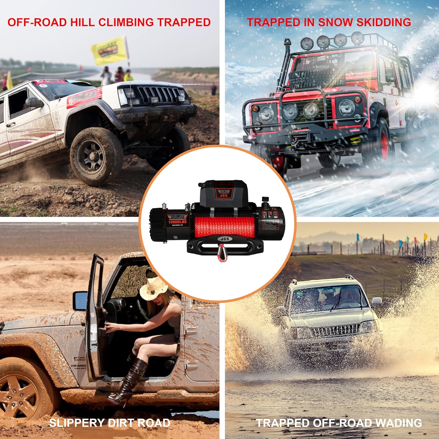 JCS Winch 13500 lb Synthetic12V Electric Wench Rope Electric Winch Turck Winch