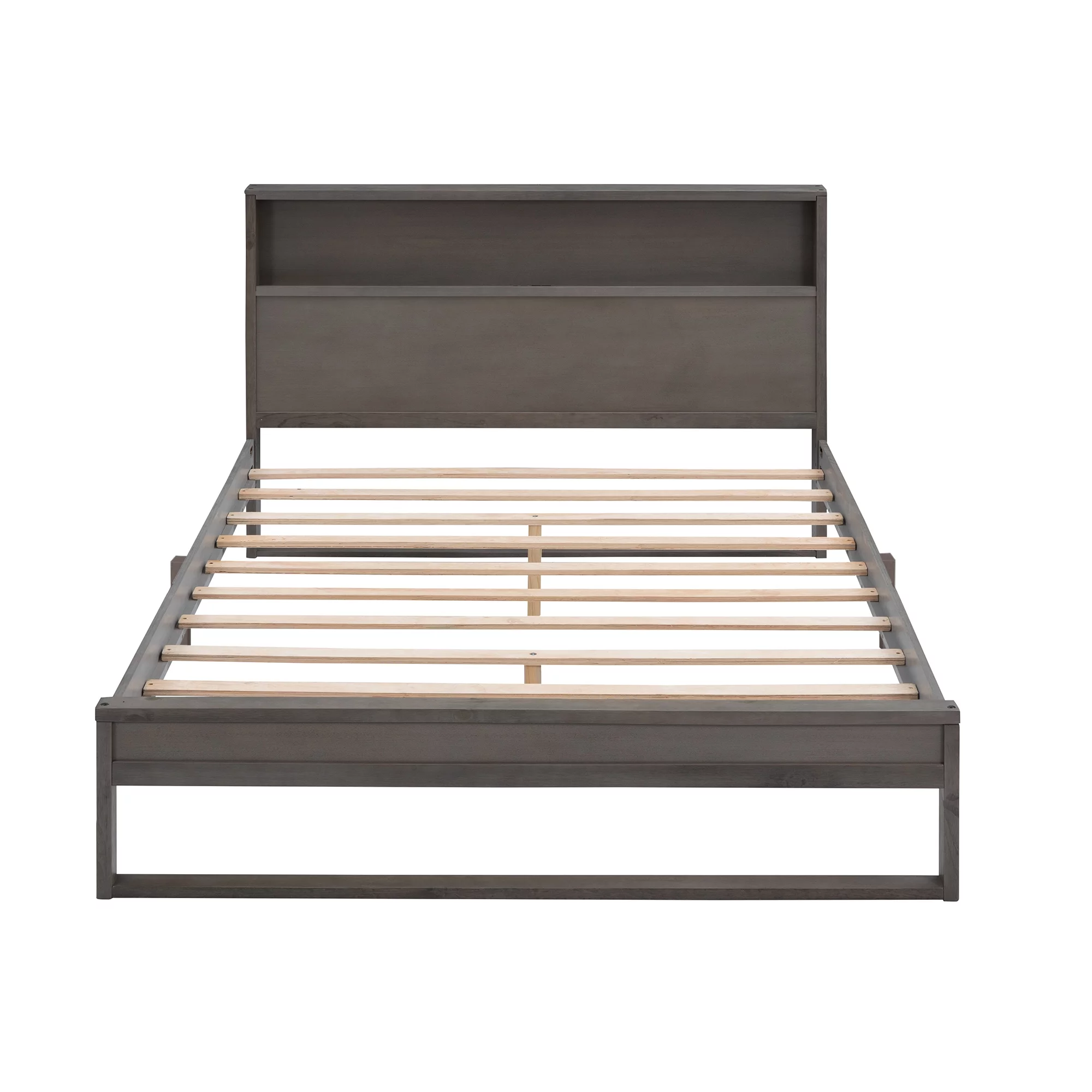 Bellemave Queen Bed with Storage Bookcase Headboard, Solid Wood Queen Size Platform Beds Frame with USB Ports & Outlets