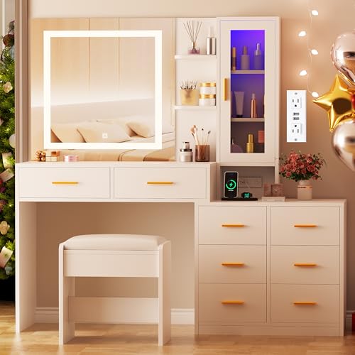 ANWBROAD 51.8" Makeup Vanity Desk with Mirror and Lights White Vanity Table with RGB Storage 8 Drawers Power Outlet Large Dresser Dressing Table with