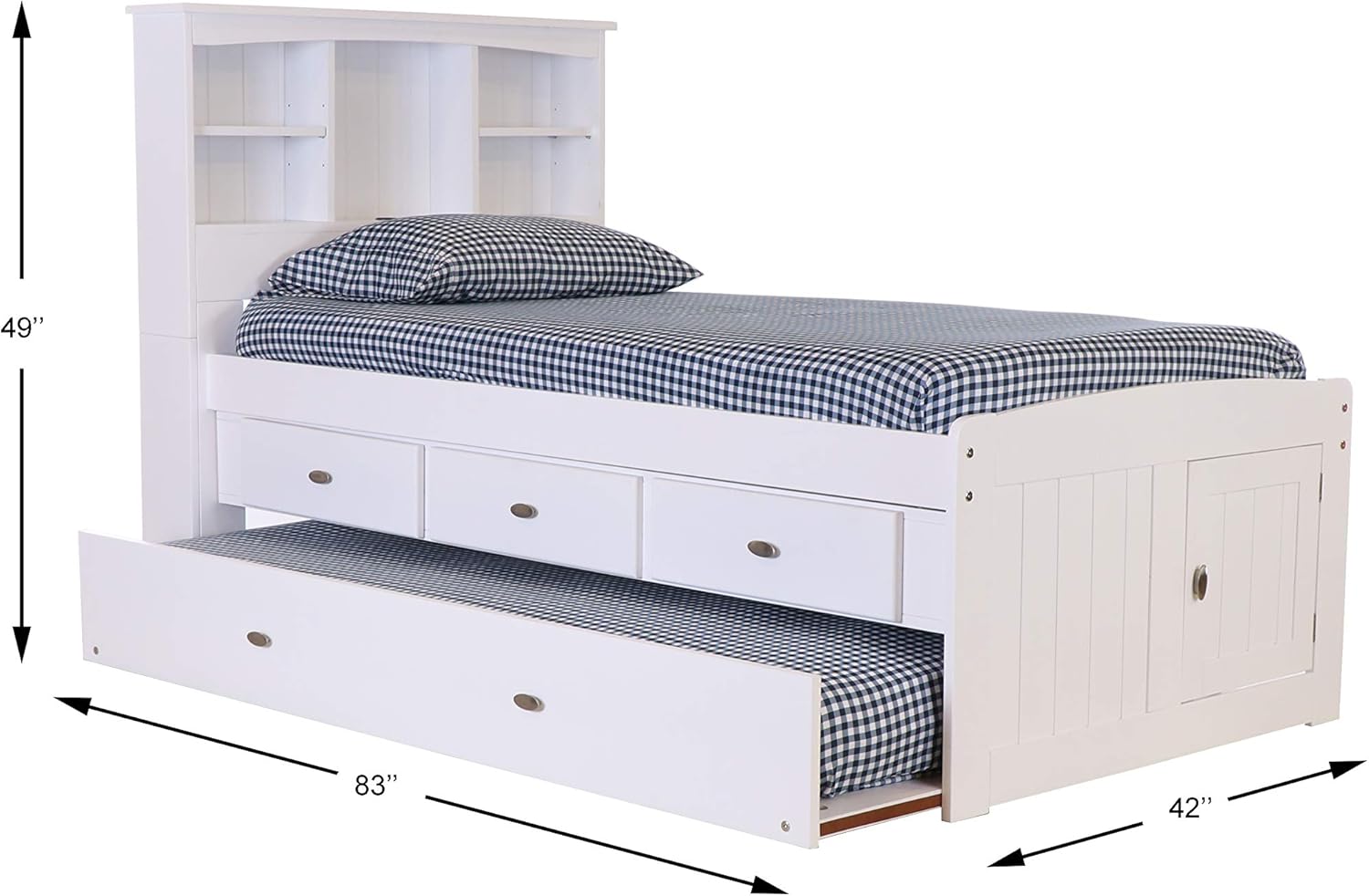 White Twin Bookcase Bed with 3 Drawers and Trundle