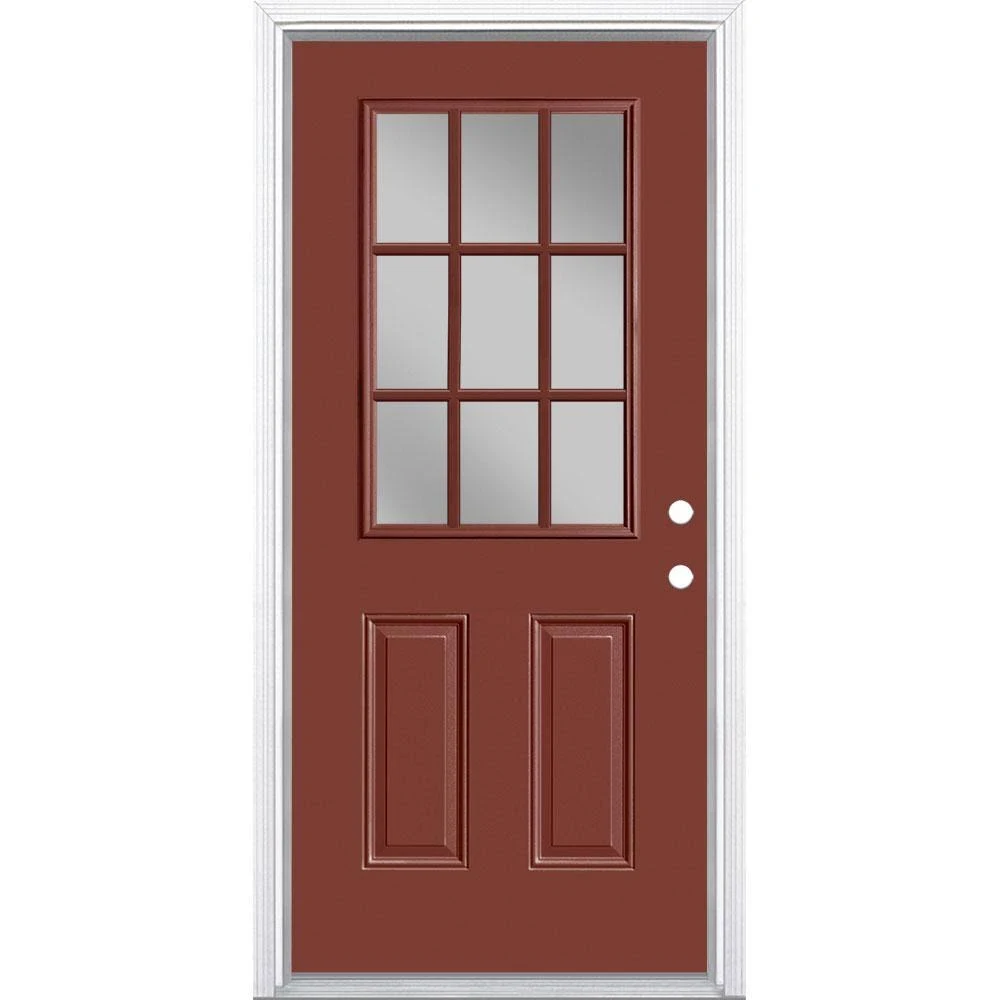 Masonite 36 in. x 80 in. 9 Lite Left Hand Inswing Painted Steel Prehung Front Exterior Door with Brickmold, Red Bluff