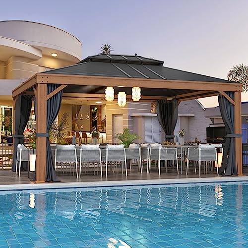EROMMY 12'x20' Hardtop Gazebo Double Roof Galvanized Steel Canopy Outdoor Aluminum Frame Permanent Metal Pavilion with Netting and Curtains for Patio