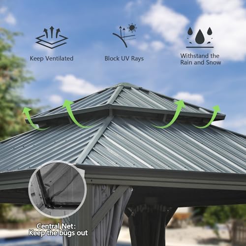 Domi 10’ x 10’ Hardtop Gazebo Metal Frame Canopy with Netting & Curtains