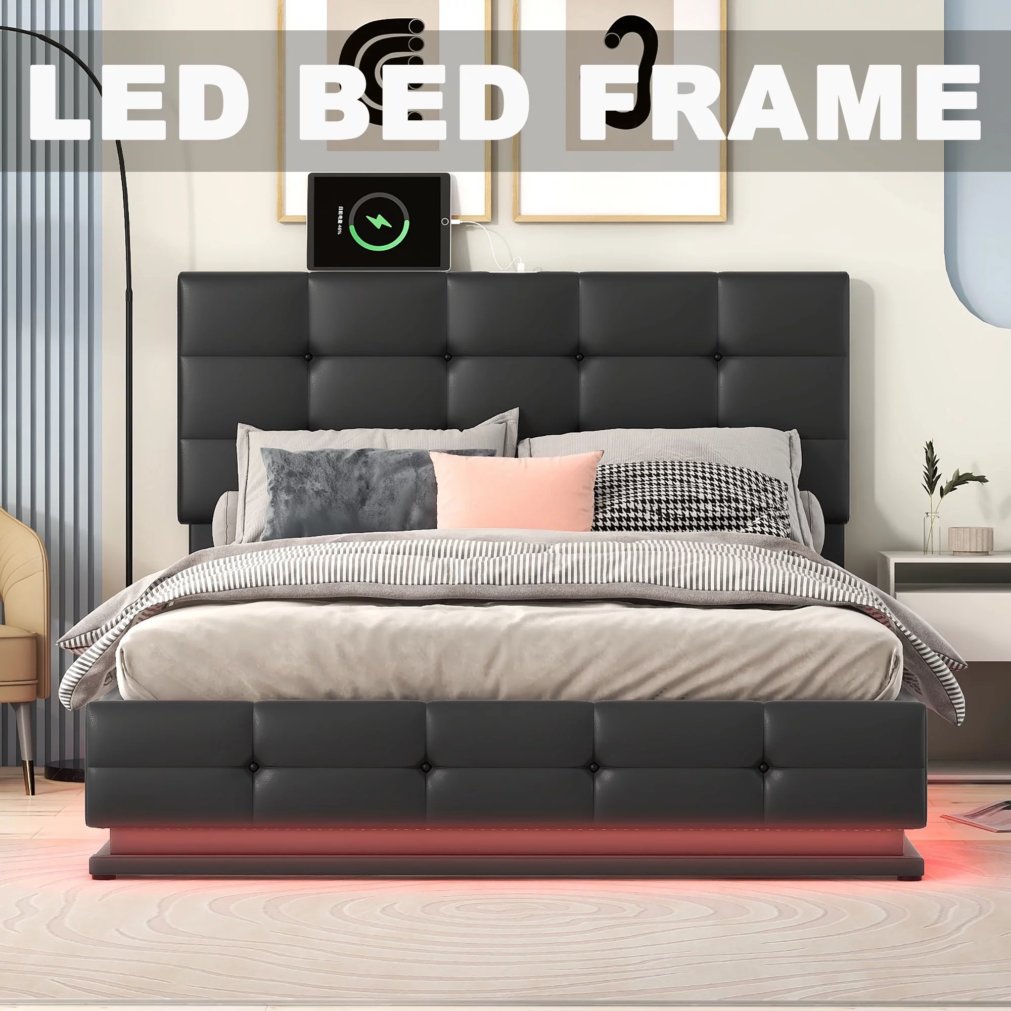 Bellemave LED Full Size Bed Frame with Lift Up Storage, Upholstered Bed with USB Charging Station