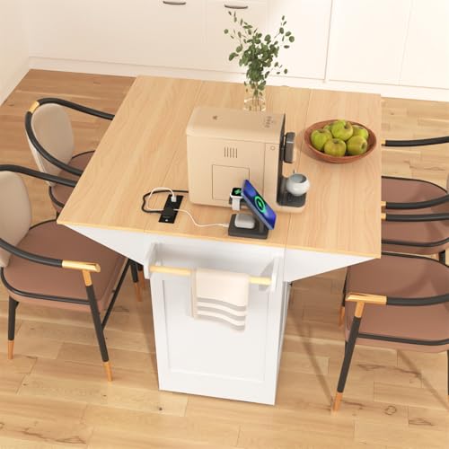 Linique 55.7" W Kitchen Island with 2 Drop Leaf, Moblie Kitchen Cart on Wheels with Storage Cabinet, 3 Drawers