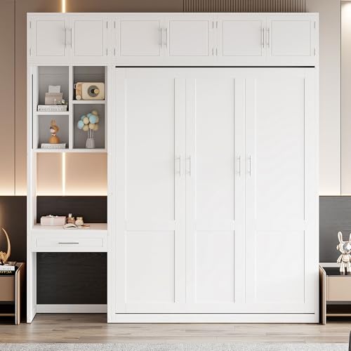 LZ LEISURE ZONE Full Size Murphy Bed, Wood Space Saving Foldable Wall Bed with Desk, Top Cabinet and Storage Shelves, White