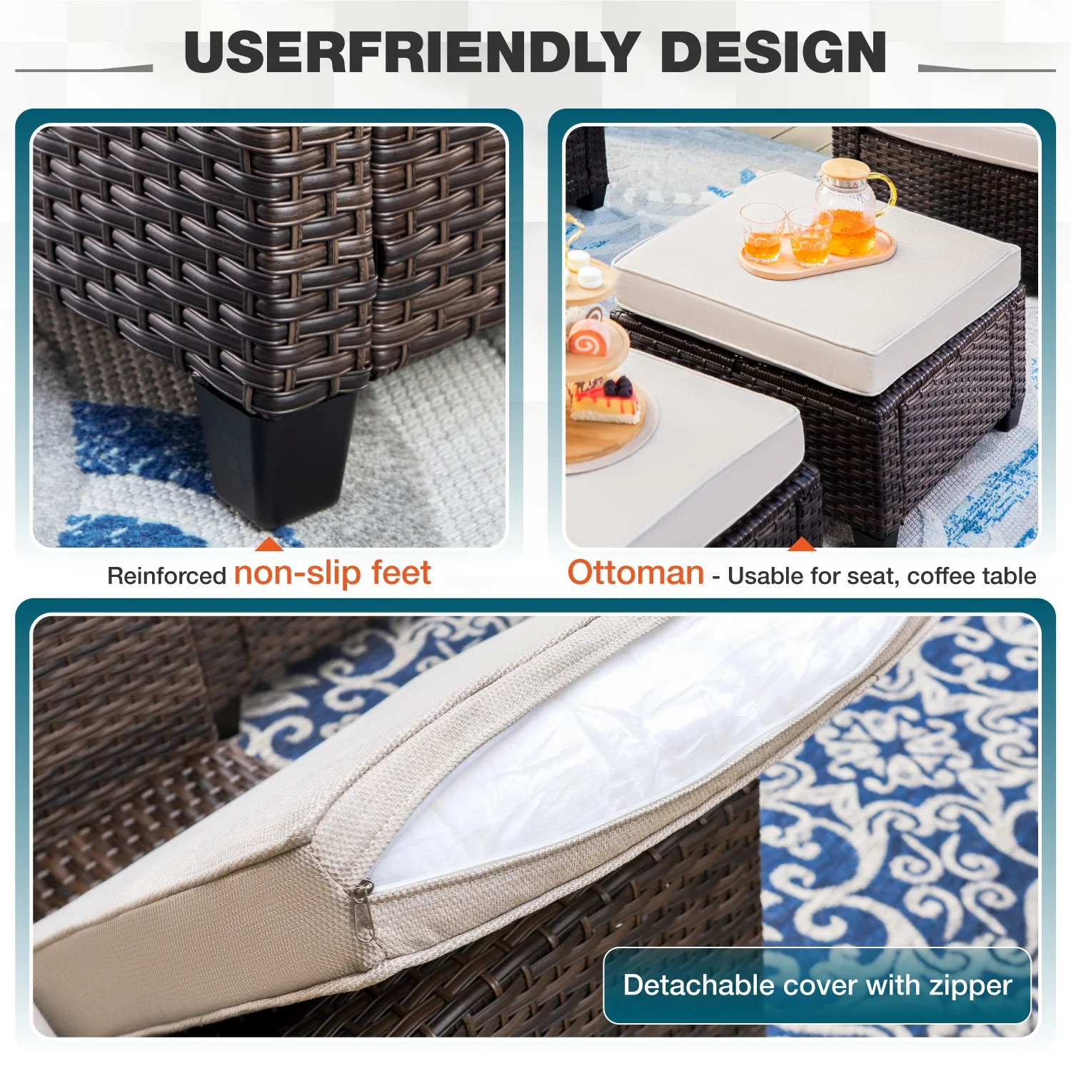 MF Studio 9-Seat Outdoor Patio Furniture Set with Fire Pit Table Wicker Patio Conversation Set Beige