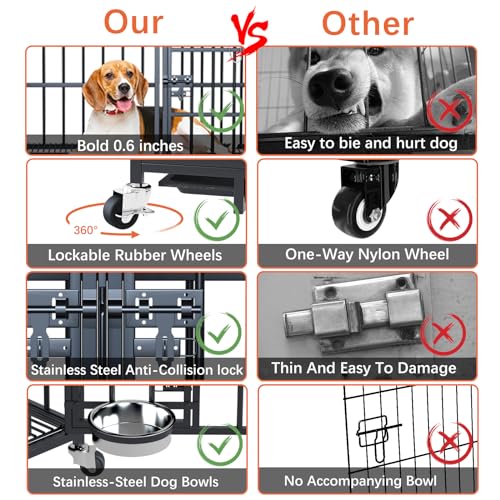 aboxoo 42/48 inch Heavy Duty Metal Dog Crate for 2 Dogs/Large Dog,All Metal Open Top,Dog Kennel Indoor with Wheels,Floor Grid, Tray
