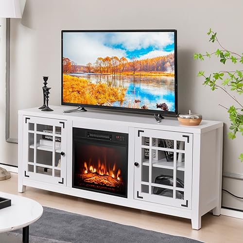 Tangkula Fireplace TV Stand for 65 Inches TVs, 58 Inch TV Console with Electric Fireplace Insert, Adjustable Shelves, Remote Control