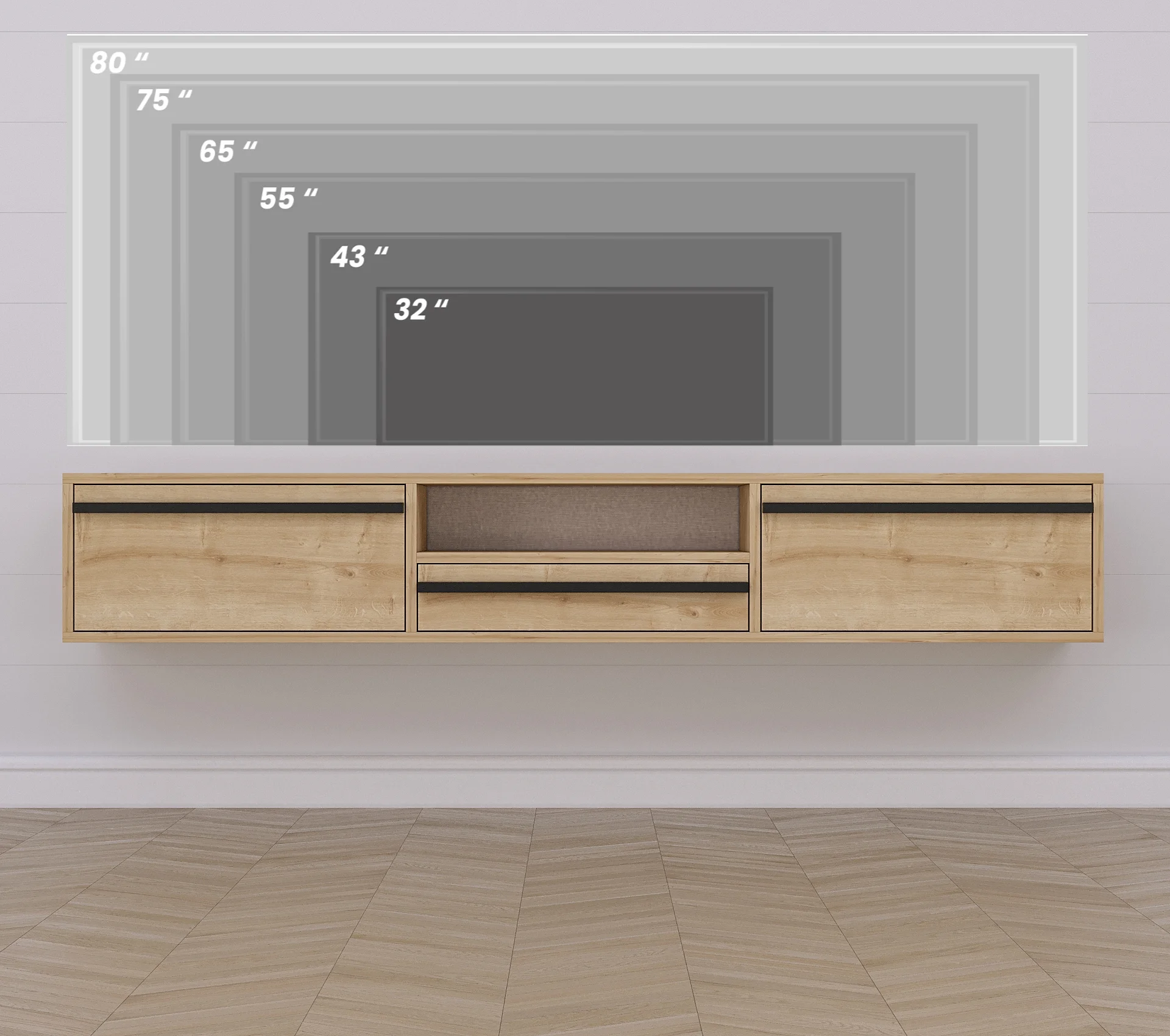 Hawana 71" Modern and Minimalist Wall Mounted Floating Entertainment Media Console Oak &Wood Black