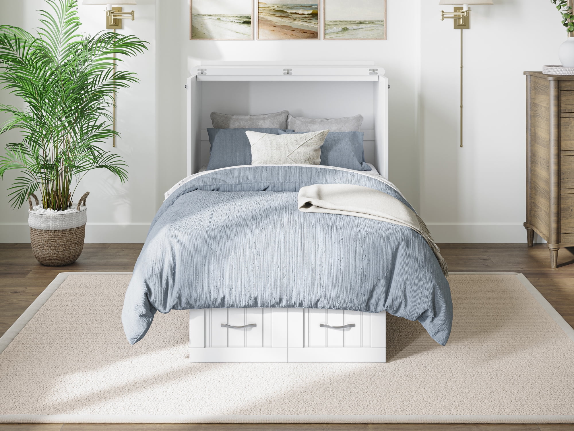 AFI Nantucket Twin Solid Wood Murphy Bed Chest with Mattress, Drawer & Charger in White