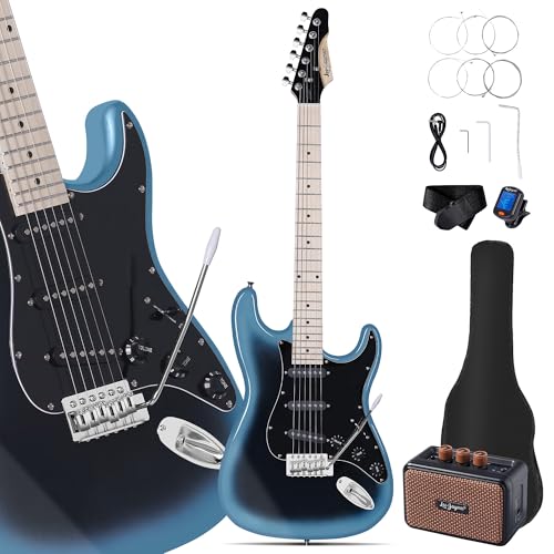 Leo Jaymz 39" Full Size ST Style Electric Guitar Starter Kit with SSH Pickup, 5W Portable Amp, Tuner, Gig Bag, Strap & Accessories (Violet Ocean)
