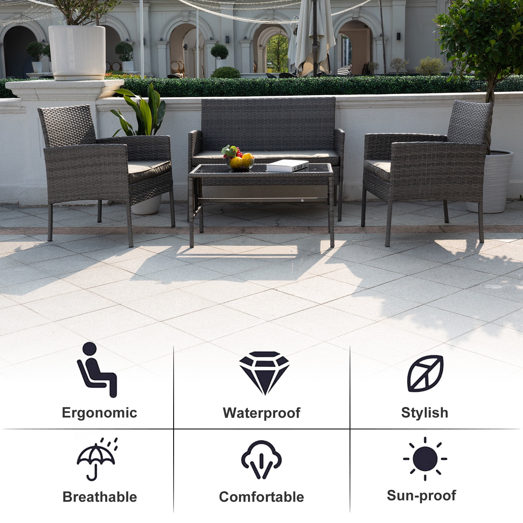 Tappio 4 Piece Patio Conversation Wicker Furniture Set, Outdoor Patio Sectional Furniture Set w/Glass-Top Coffee Table & Gray Cushions