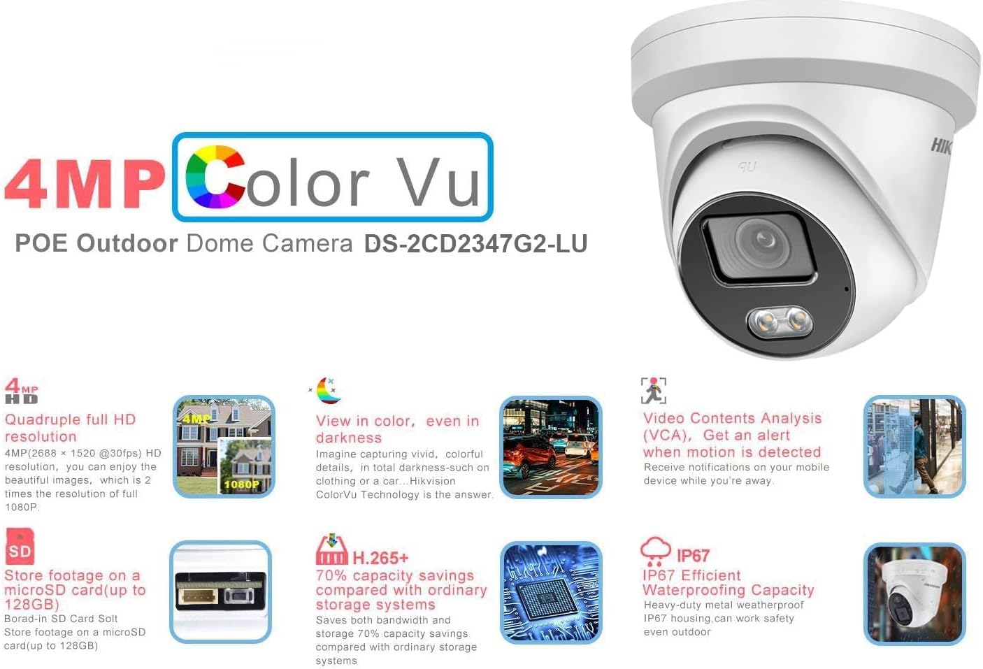 DS-2CD2347G2-LU 4MP ColorVu IP 247 Color 2.8mm PoE Turret Dome Camera IP67 IK10 H.265+ Built in Mic English Version Compatible with Hik Vision NVR