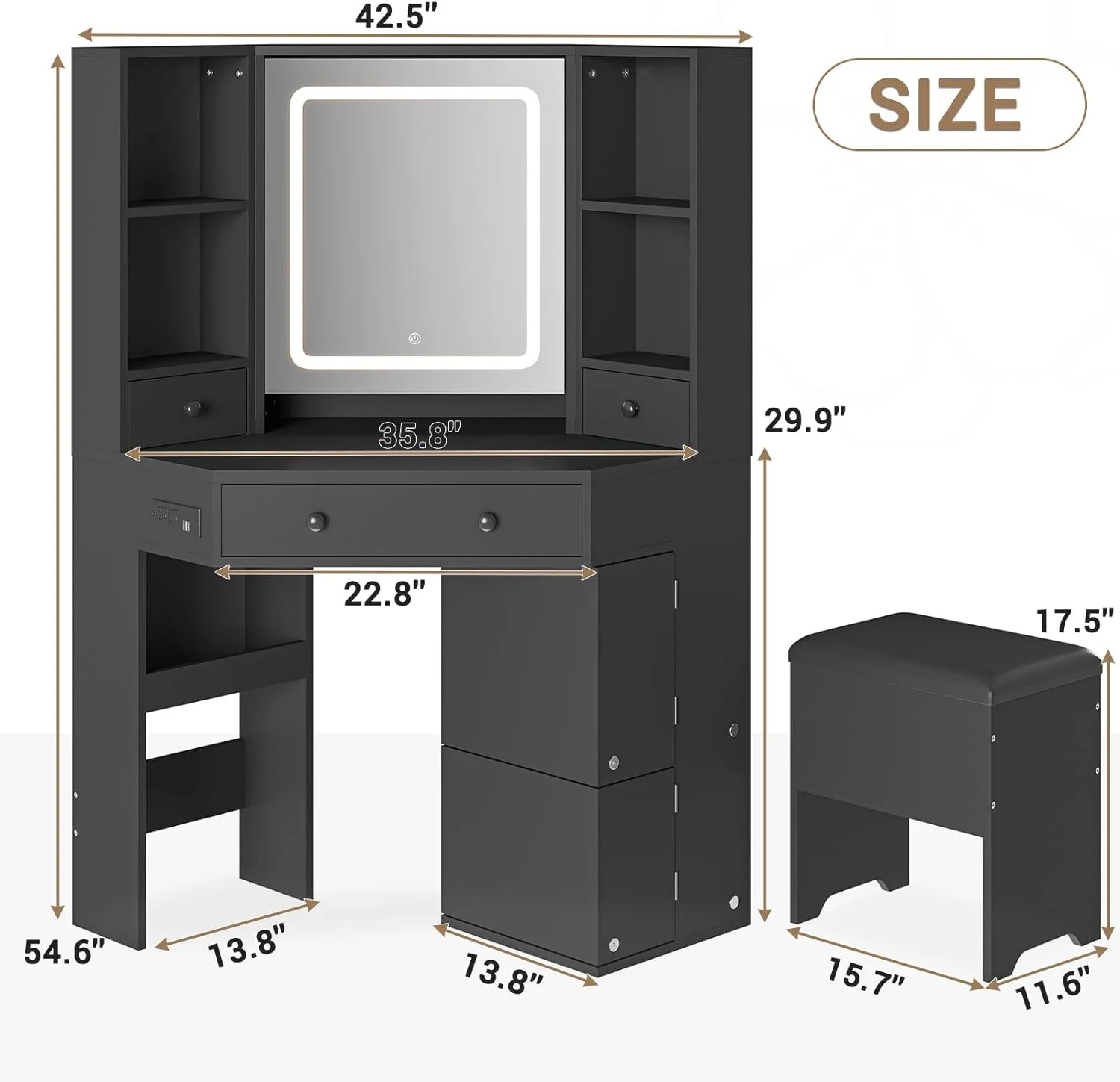 Corner Vanity Desk with LED Lighted Mirror & Rotating Shelves & Charging Station,Makeup Vanity Set with Mirror and Storage Stool