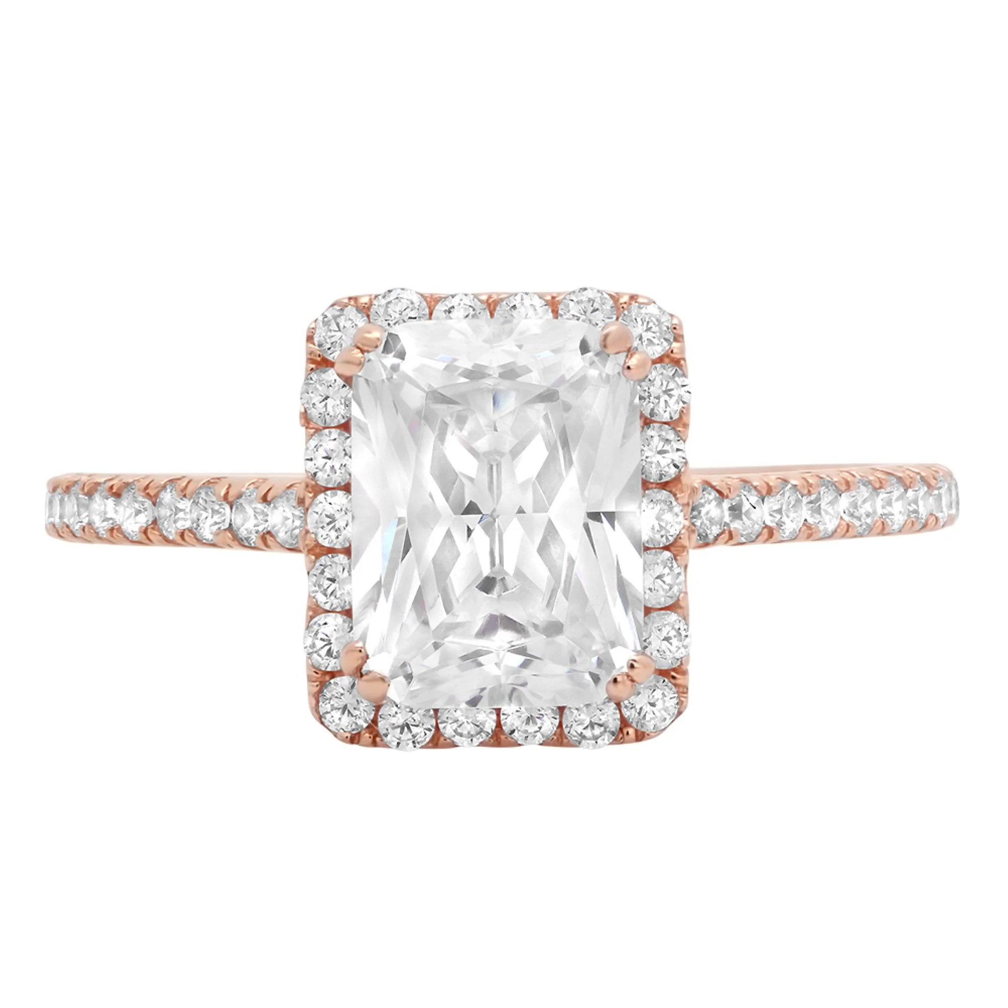 1.96 ct Emerald Cut Genuine Cultured Diamond SI1-SI2 G-H 18K Rose Gold Halo Promise Wedding Statement Engagement Designer Ring W/ Crystal side stones