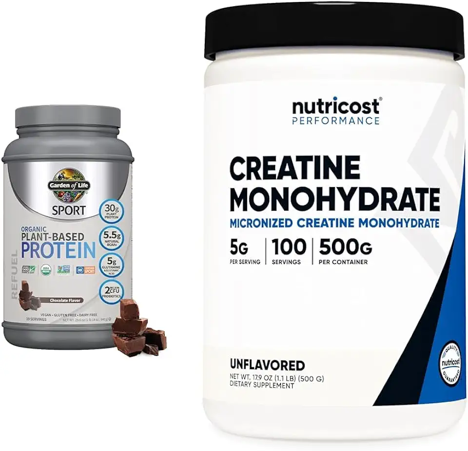 Garden of Life Organic Vegan Sport Protein, Creatine Monohydrate Micronized Powder - 30g Plant Protein, 5000mg Creatine Per Serving, 100 Servings